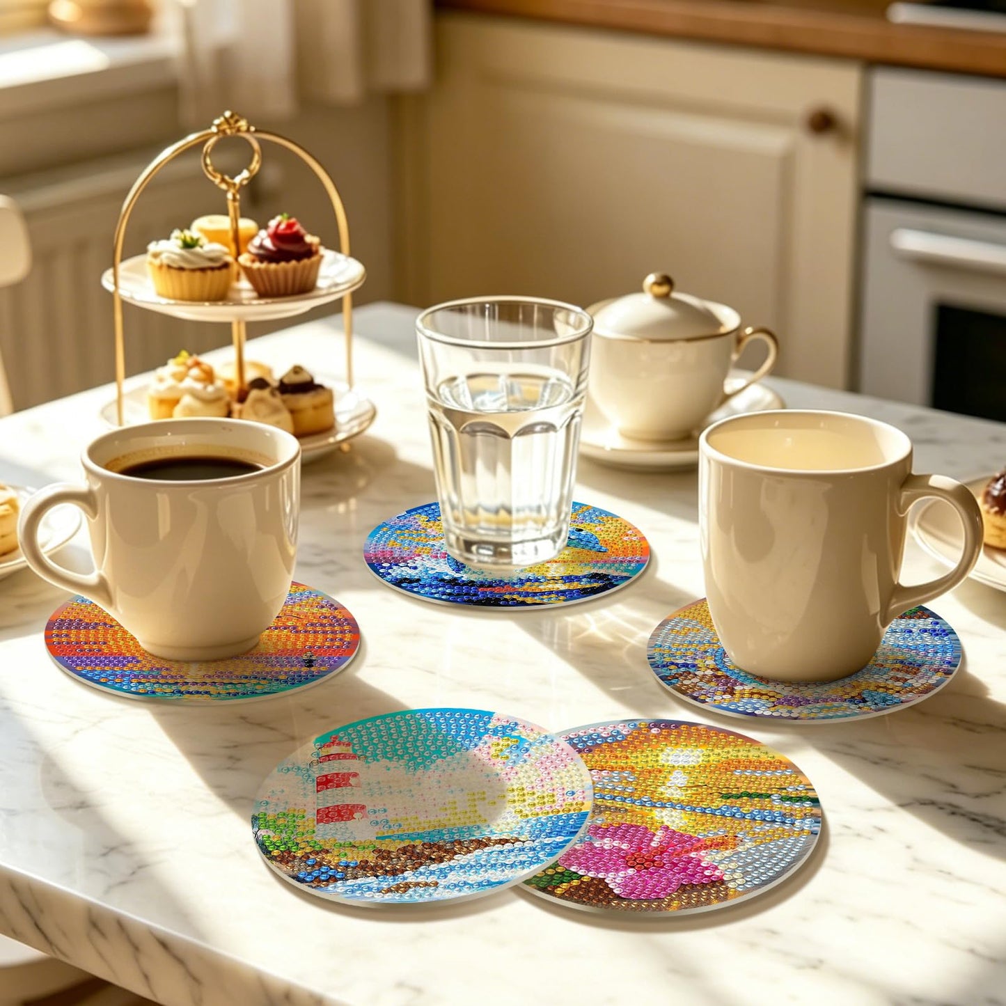 8 Pcs Beach Diamond Art Coasters Kit with Holder for Adults, DIY Diamond Painting Coasters with Cork Backing, Non-Slip Ocean Gem Art Coaster for Home Decor & Gifts