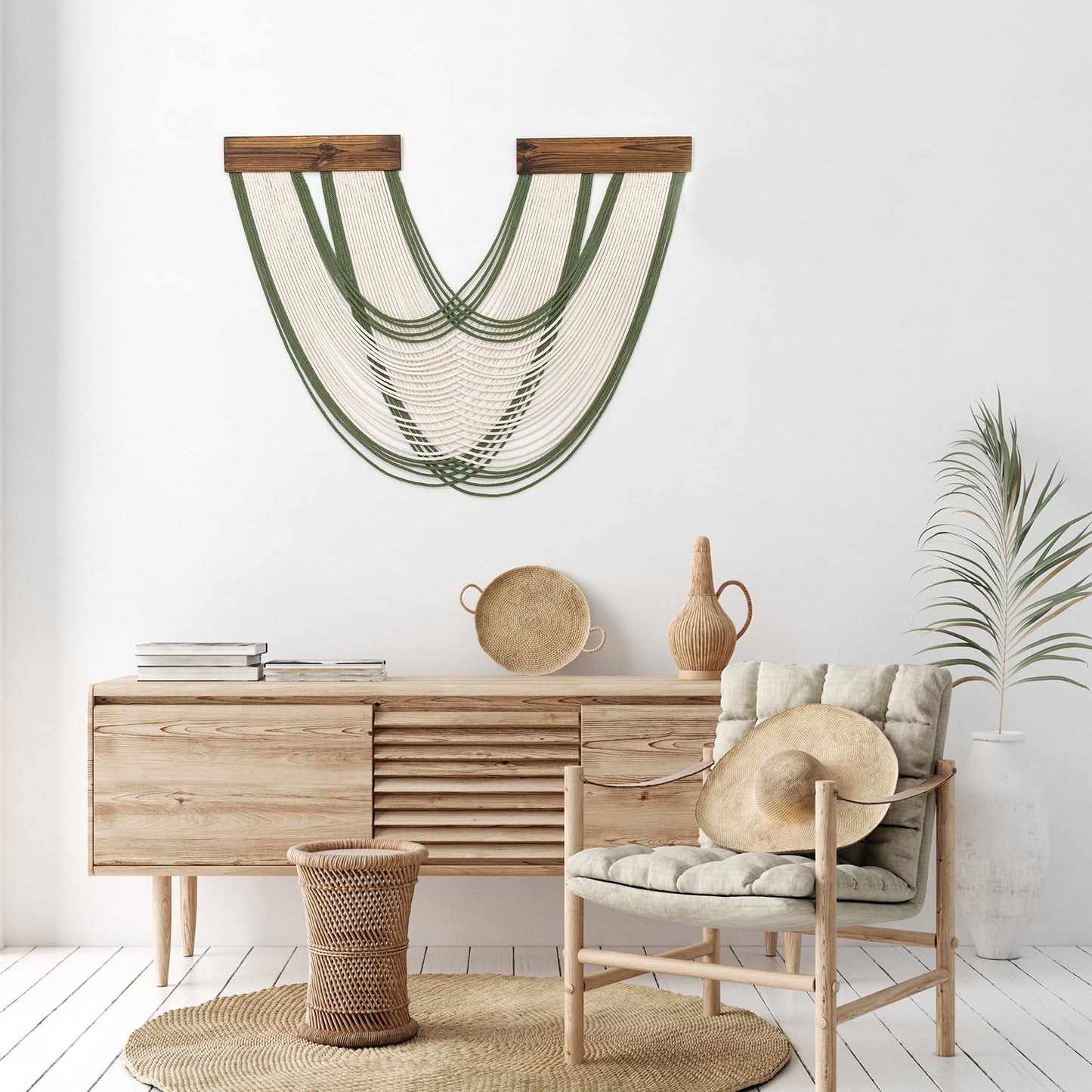 LB Boho Macrame Wall Hanging Large, Green and Beige Macrame Tapestry Wall Decor Handmade Woven Chic Bohemian Tapestry Decor for Bedroom Living Room Office Bathroom Nursery