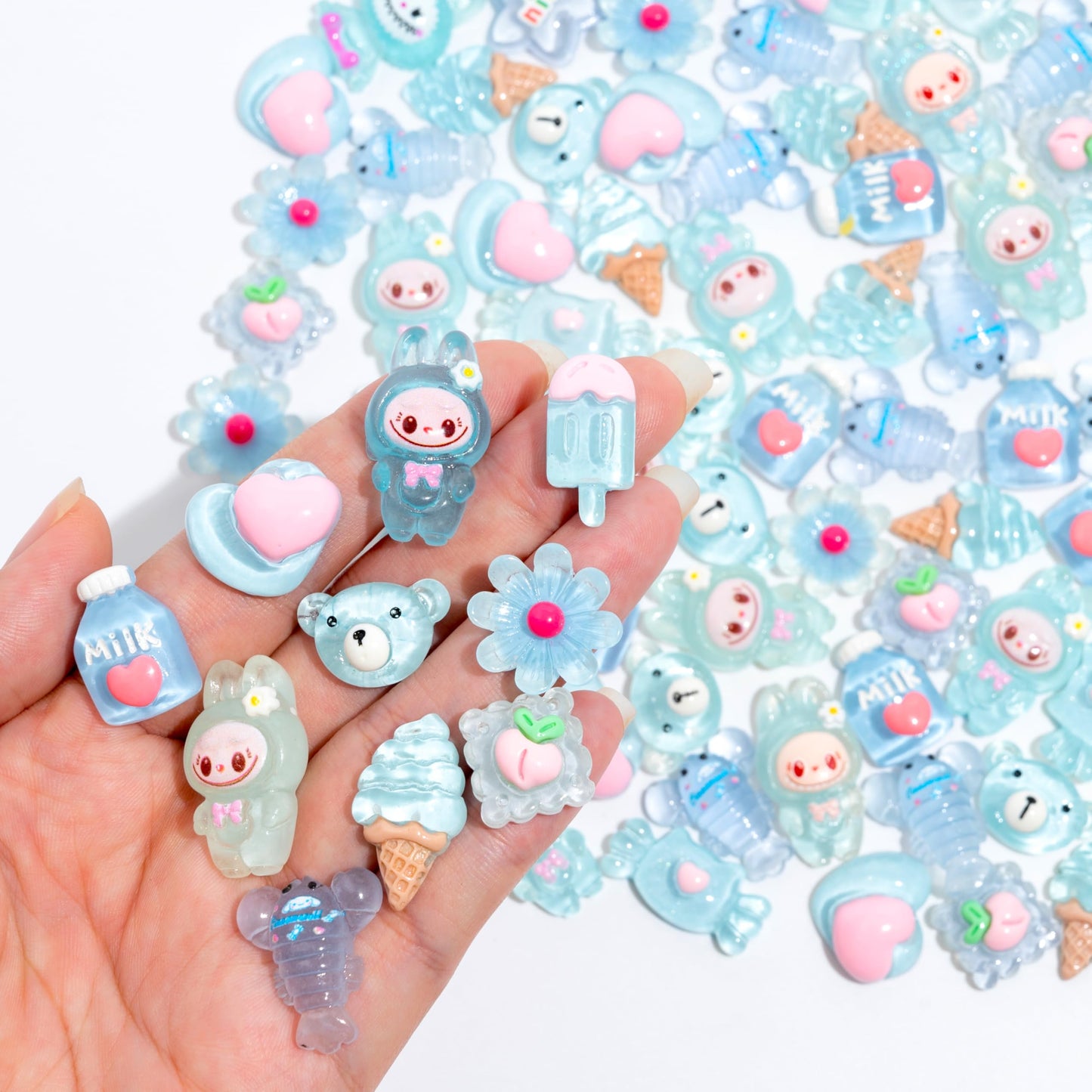 Decoden Charms 100PCS Mixed Kawaii Decoden Charms, Flatback Resin Charms for Crafts, Cabochon for DIY Projects, Slime Charms, Resin Art, Scrapbooking, Phone Case & Accessories, No Holes (Blue)
