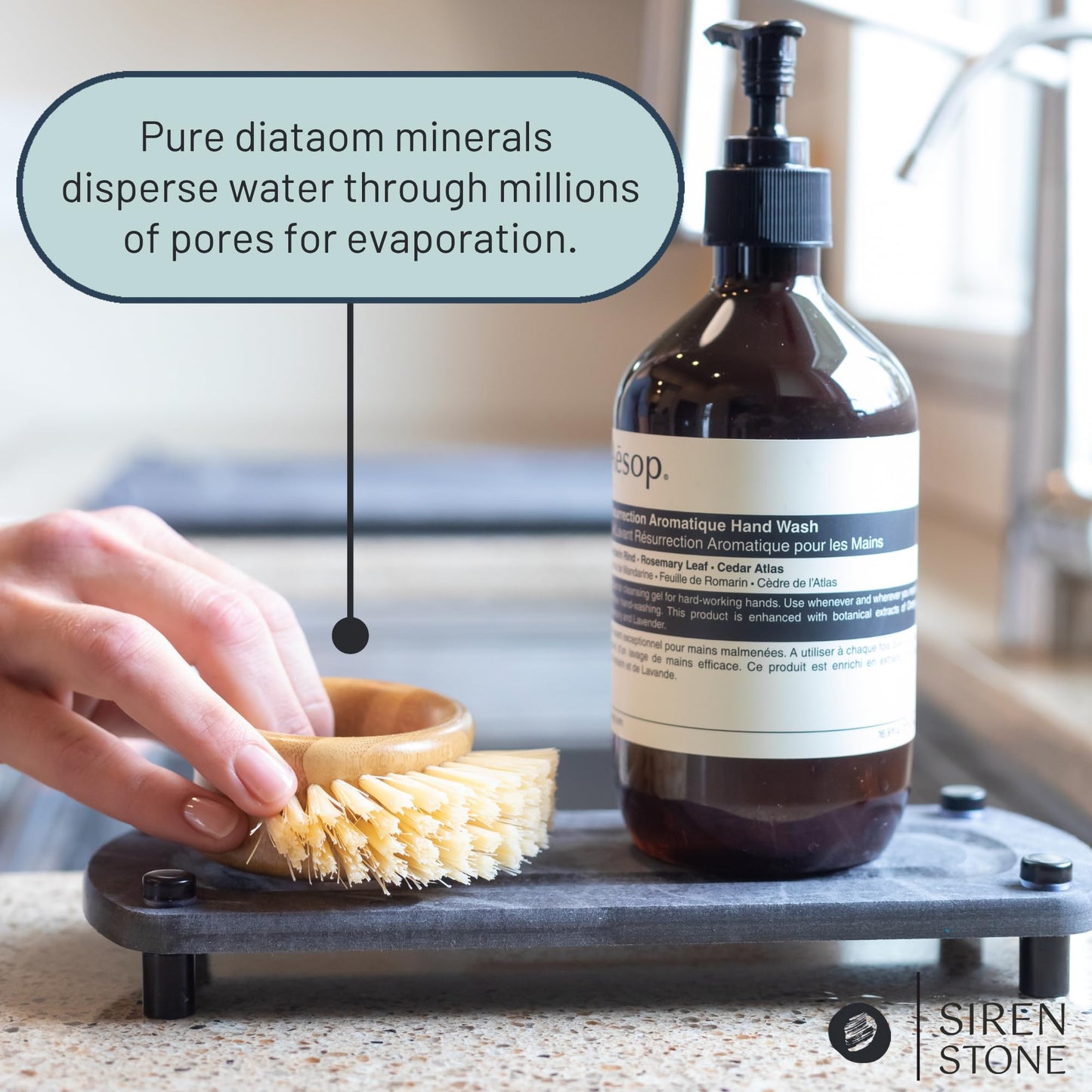 Siren Stone Premium Sink Caddy – Water-Absorbing Diatomaceous Earth Tray for Sink, Elevated Stainless Steel Feet, Non-Toxic, Fast-Drying, Kitchen or Bathroom