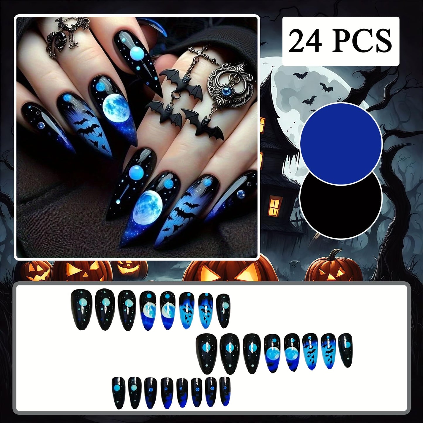 Halloween Black Blue Gradient Press on Nails Almond Fake Nails with Bat Moon Designs Goth False Nails Black Bat Glossy Reusable Glue on Nails for Women Girls Halloween Manicure Decoration 24pcs