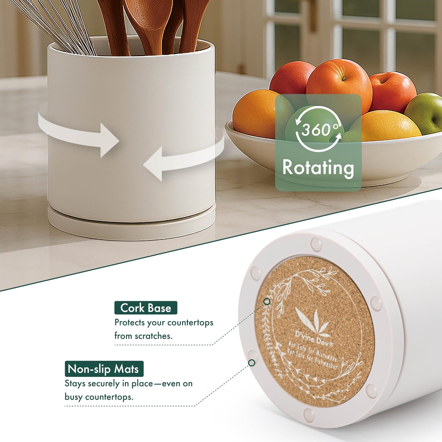 D'vine Dev 360° Rotating Utensil Holder – 5" Kitchen Utensil Crock for Countertop, Modern Cooking Tool Organizer for Kitchen Storage & Décor, Oatmeal, 72-X-D-1