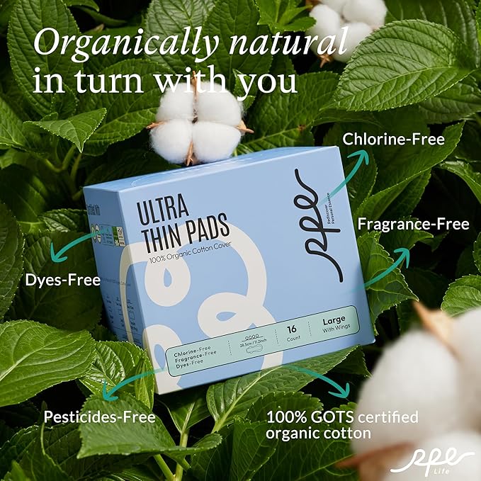 100% Large Organic Pads for Women, Ultra Thin Heavy Flow Sanitary Pads with Wings, Unscented Cotton Pads Menstrual, Super Absorbency Feminine Pads Extra Coverage Period Pads (Large, Size 4, 48ct)