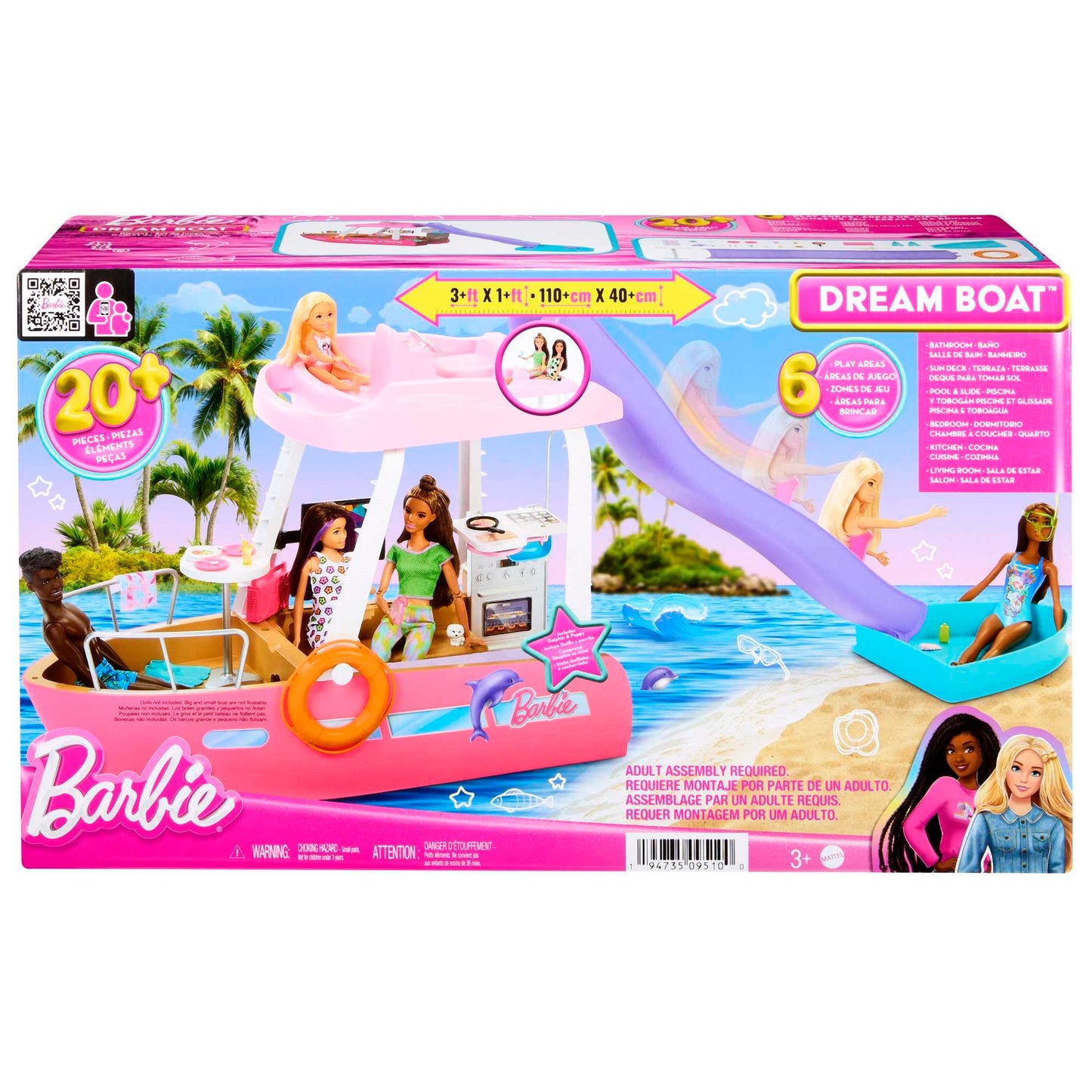 Barbie Boat with Pool and Slide, Dream Boat Playset Includes 20+ Pieces Like Dolphin and Accessories