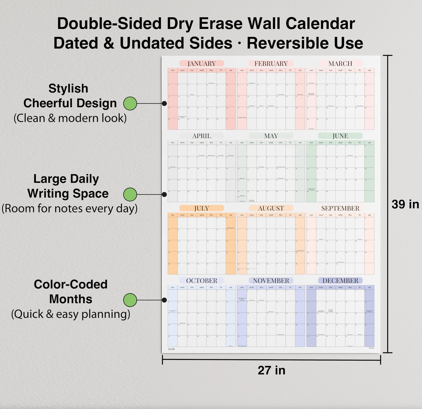 Dry Erase Wall Planner (27×39 in) – Double-Sided Reusable Yearly Planner with Undated Planning Board & 2026 Calendar Reference, Large Laminated Write & Wipe Wall Calendar for Home, Office, Classroom