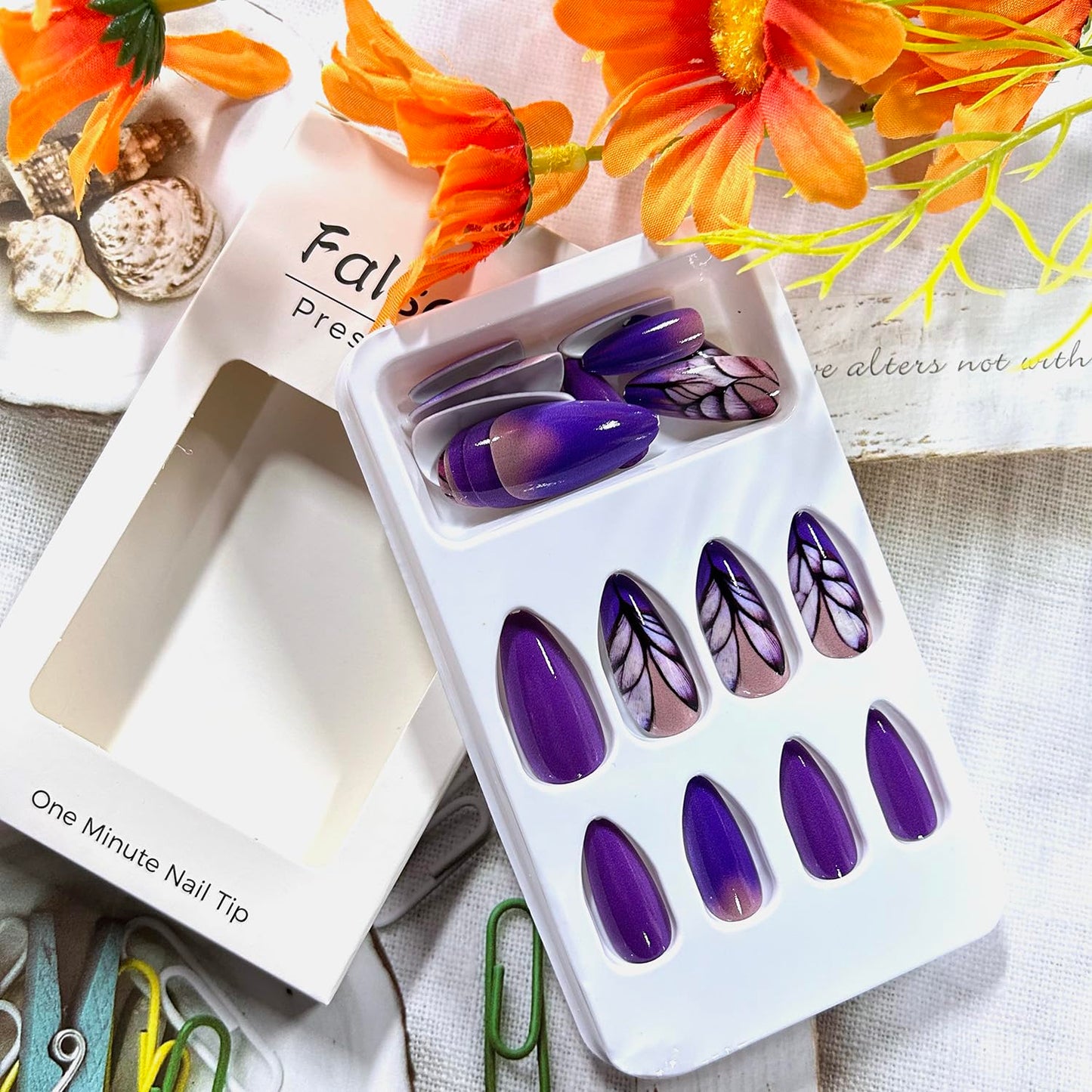Dark Purple Gradient Press on Nails Medium Almond Shaped Purple Feather Pattern Design Full Cover Glossy Acrylic False Nail Almond Tip Artificial Fingernails Reusable Press Ons Glue on Nails for Women
