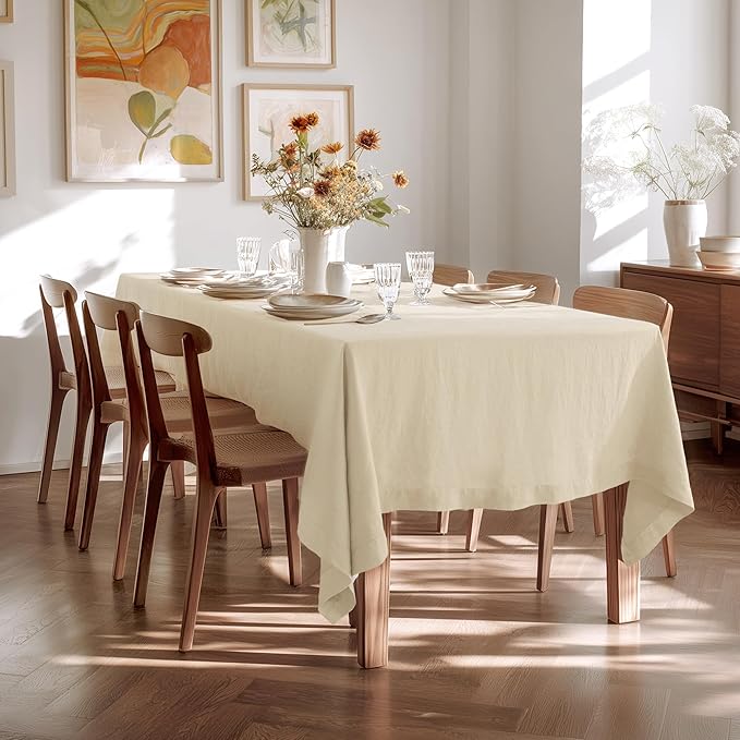 Linen World Linen Tablecloth - 100% French Linen Table Cloth 60" x 90" Inch,Washable Rectangular Tablecloth for Dining,Outdoor,Weddings and Restaurants,Decorative Thanksgiving Christmas,Sand Beige