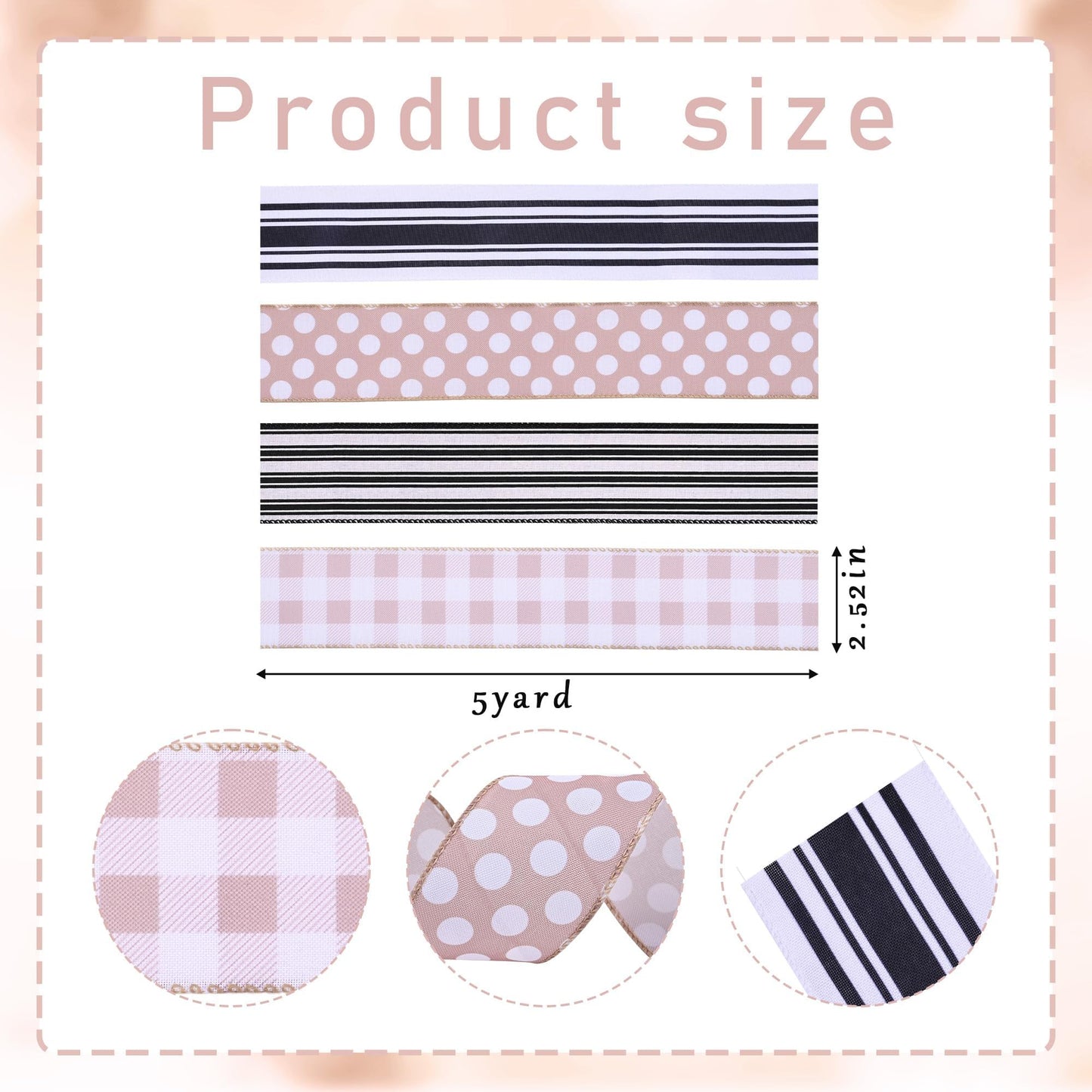 Ribreeze 20 Yards Wired Ribbon 4 Rolls Black White Stripe Dot Ribbon 2.5 Inch for Wreaths DIY Present Wrapping Floral Bow Craft Deco