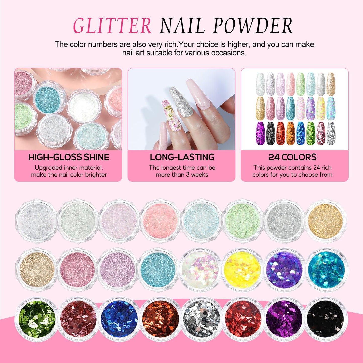 Acrylic Nail Kit with Drill and U V Light, Professional Nail Kit Acrylic Set for beginners with Everything 3PC Powder 24PC Glitter Fake Tips Decoration Nails Set DIY Home Salon
