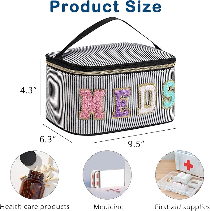 Chenille Letter MEDS Makeup Bag,Large Size Striped Medicine RX Cosmetic Bag with Top Handle, Aesthetic Seersucker First Aid Travel Organizer Bag for Women Girls(04Black)
