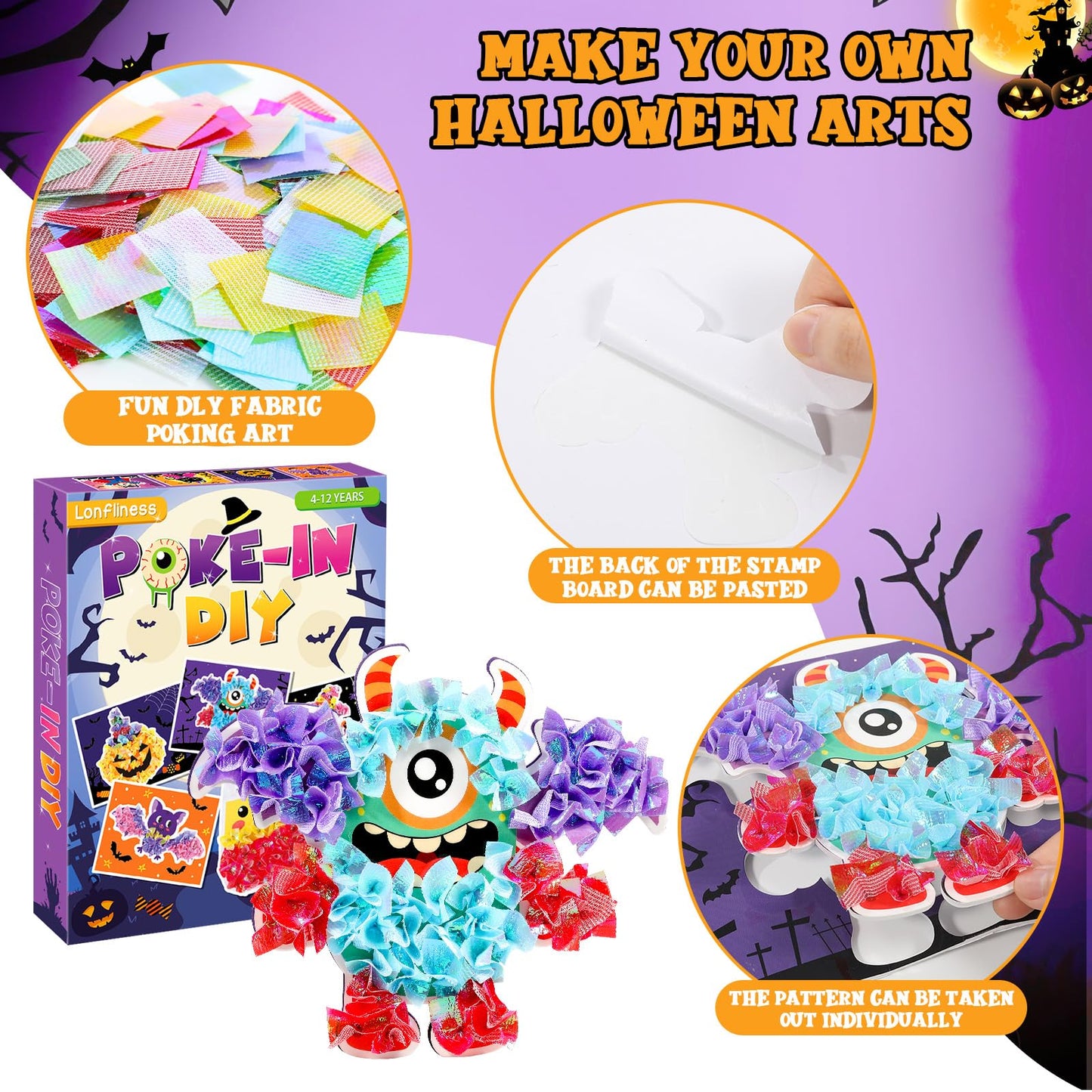 Lonfliness 8PCS Poke Craft Kit Halloween No-Mess Fabric Sewing Art Puzzle Puncture Painting Bat Pumpkin Ghost Halloween Creative Activity Game Birthday Party Favors