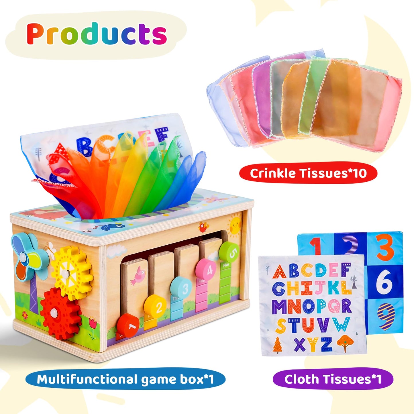 Montessori Baby Wooden Tissue Box Christmas Toy 6-in-1 Sensory Tissue Box Toy for Babies 36+ Months Developmental Toys for Babies, for 36+ Months
