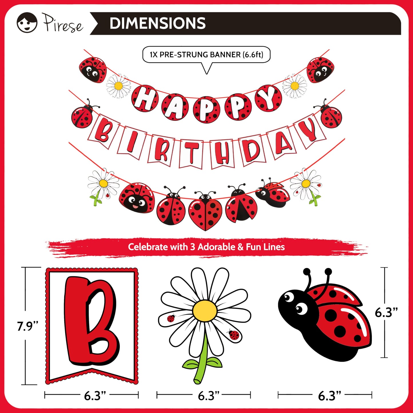 Pirese Ladybug Birthday Decorations, Ladybug Party Banner with Balloons, Pre-Strung Happy Birthday Decor Kit