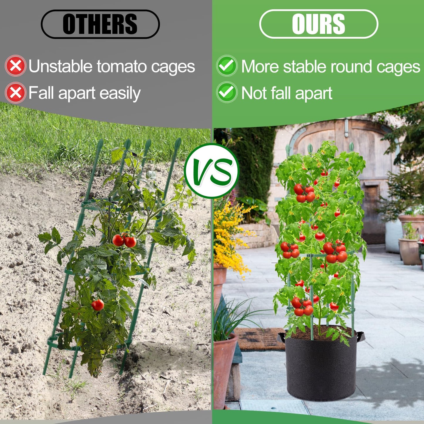 3 Sets Sturdy Tomato Cage with 10 Gal Grow Bags - 48.5" Plants Garden Trellis Planter Kit, Support for Indoor Outdoor Beans, Peppers, Cucumbers, Eggplants, Climbing Vegetable