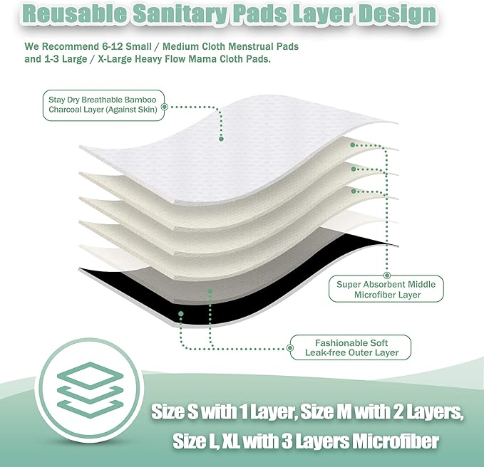 wegreeco Charcoal Reusable Menstrual Pads - Reusable Sanitary Pads | Reusable Panty Liners | Soft Cloth Menstrual Pads - 6 Pack with 1 Cloth Mini Wet Bag (Medium, Black)