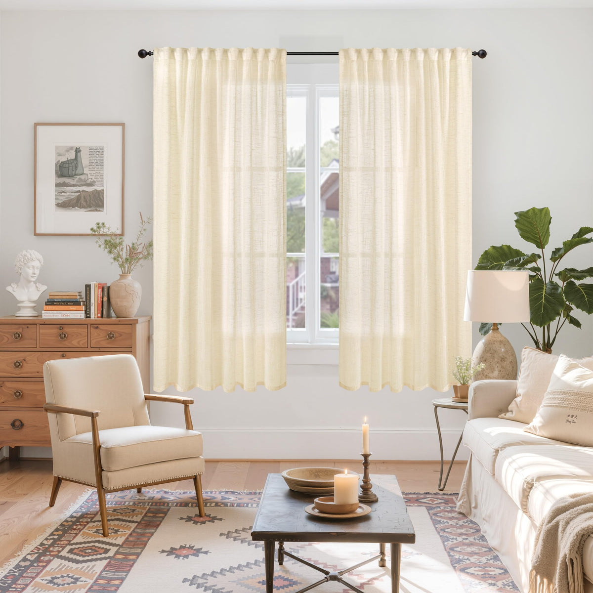 Linen Semi Sheer Curtains 63 Inch Length Cream Beige Drapes (2 Count)