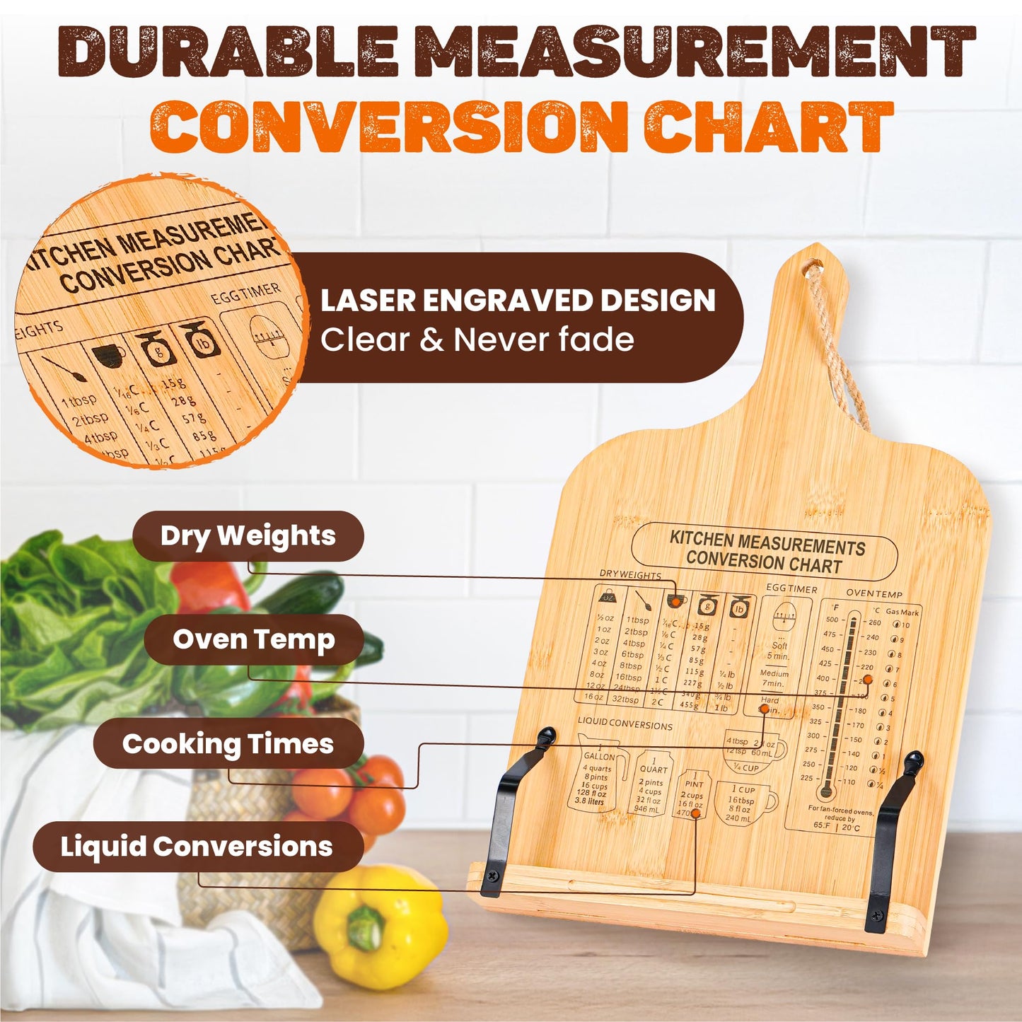 [Upgraded] Adjustable Bamboo Cookbook Stand with 7-Angles, Conversion Chart, Page Grips, Recipe Cookbook Holder for Kitchen Counter, Kitchen Book Stand for Cookbook, Textbook, Tablet, Gift for Women