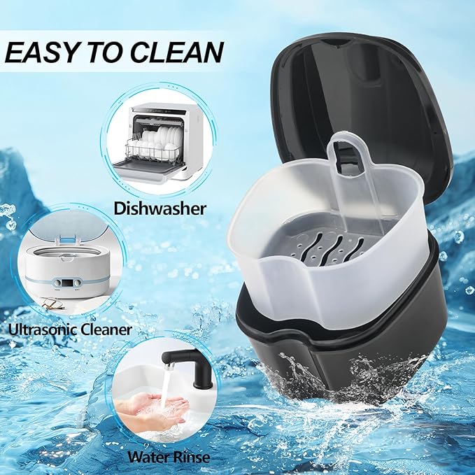 Denture Bath Case Retainer Cleaner Case with Strainer Basket, Denture Cup Dental Retainer Holder Case for Soaking Mouthguard Cleaning Storage Box Case - Black and White