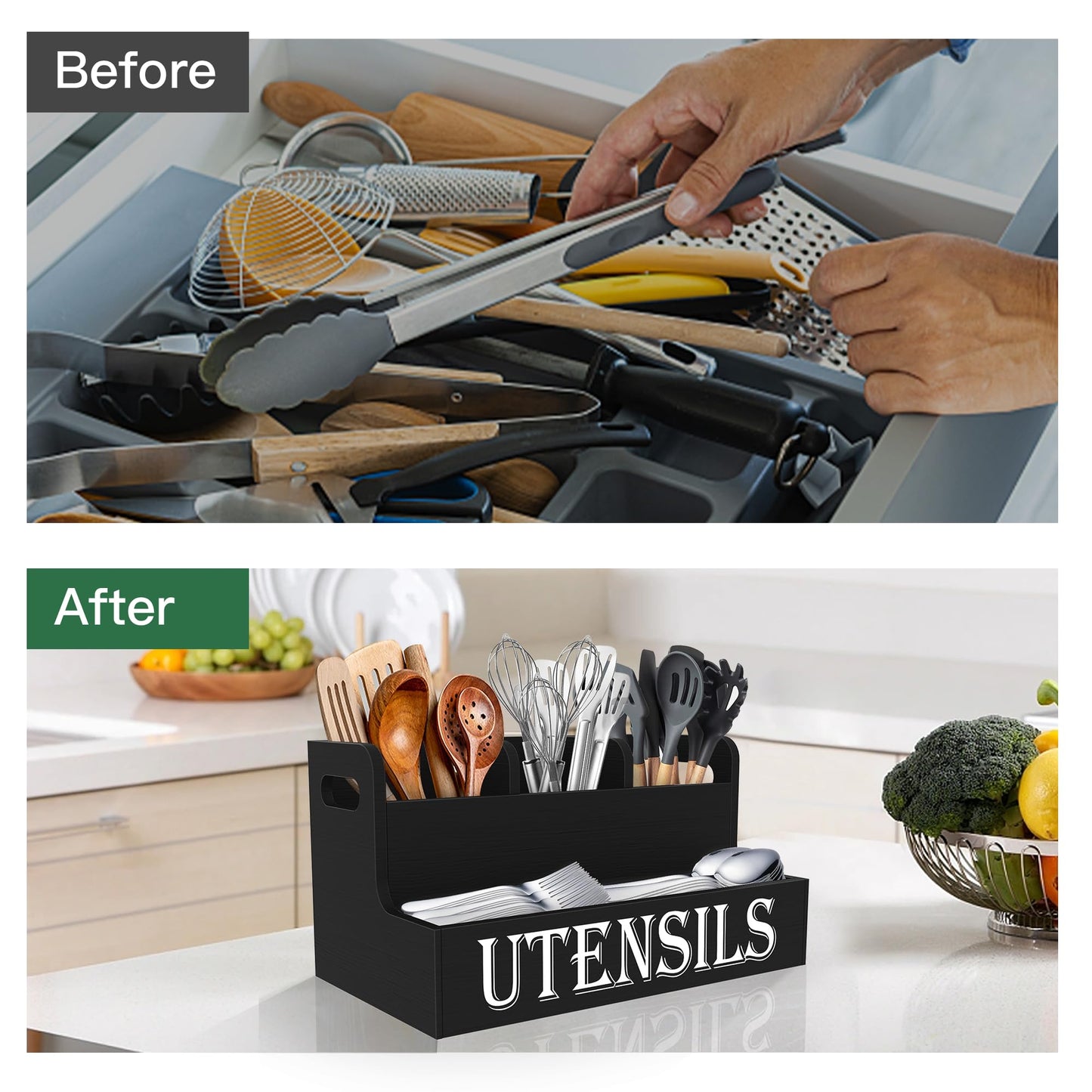 Suli Kitchen Utensils Holder, Wooden Utensil Organizer for Kitchen Countertop, Farmhouse Utensil Storage, Rustic Cooking Utensils ,4 Compartments,- Black