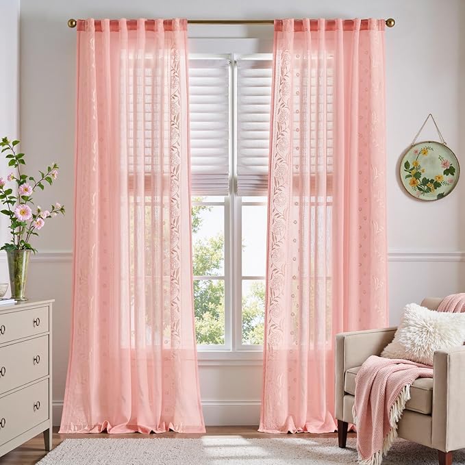 jinchan Winslow Sheer Curtains 96 Inch for Bedroom Living Room Embroidered Bordered Floral Nursery Curtains for Girls Room Light Filtering, Beige on Pink, 2 Panels, 50W x 96L