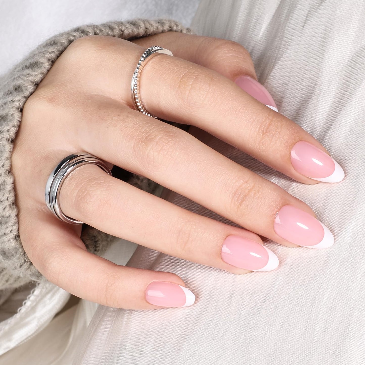 White French Tip Press On Nails - Short Almond Pink and White Press On Nails, 32Pcs 16 Sizes, Reusable Fake Nails with Nail Glue for Women