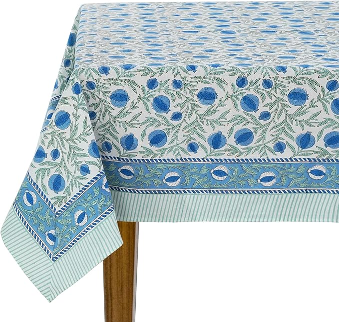 Ridhi Hand Block Print Queen Blue Rectangle Cotton Tablecloth 160" x 72" Reusable Table Cover Decorative Everyday Use for Dining, Farmhouse, Home Gift for Spring, Easter, Valentine