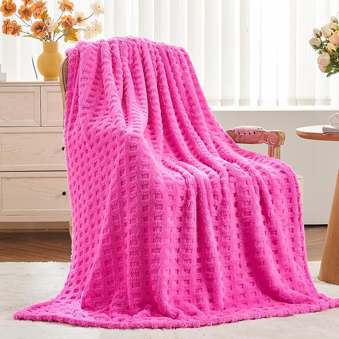 NEWCOSPLAY Super Soft Throw Blanket Pink Premium Silky Flannel Fleece 3D Waffle Checkered Lightweight Bed Blanket All Season Use (Hot Pink, Throw(50"x70"))