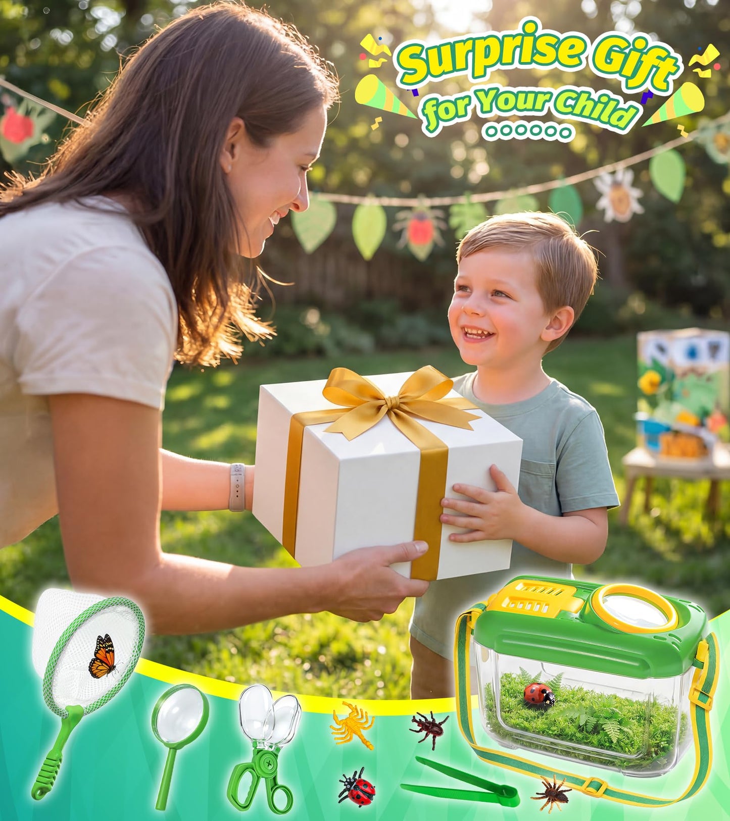 Bug Catcher for Kids, 17 PCS Bug Catching Kit with Bug Collector Toy Bugs Butterfly Net Magnifying Glass Insect Catcher Tweezers, Outdoor Explorer Kit for Kids Age 3 4 5 6 7 8