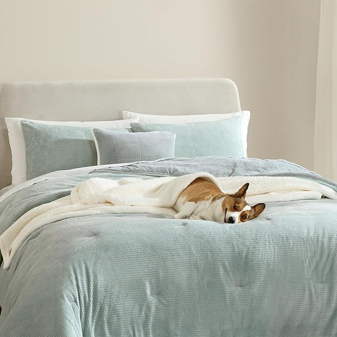 UGG Remina Comforter Set 5 Piece Bed in a Bag with Throw Blanket, Decorative Pillow, Shams, and Reversible Comforter Hypoallergenic Washable Luxury Fluffy Bedding, Full/Queen, Blue Green Clear Creek