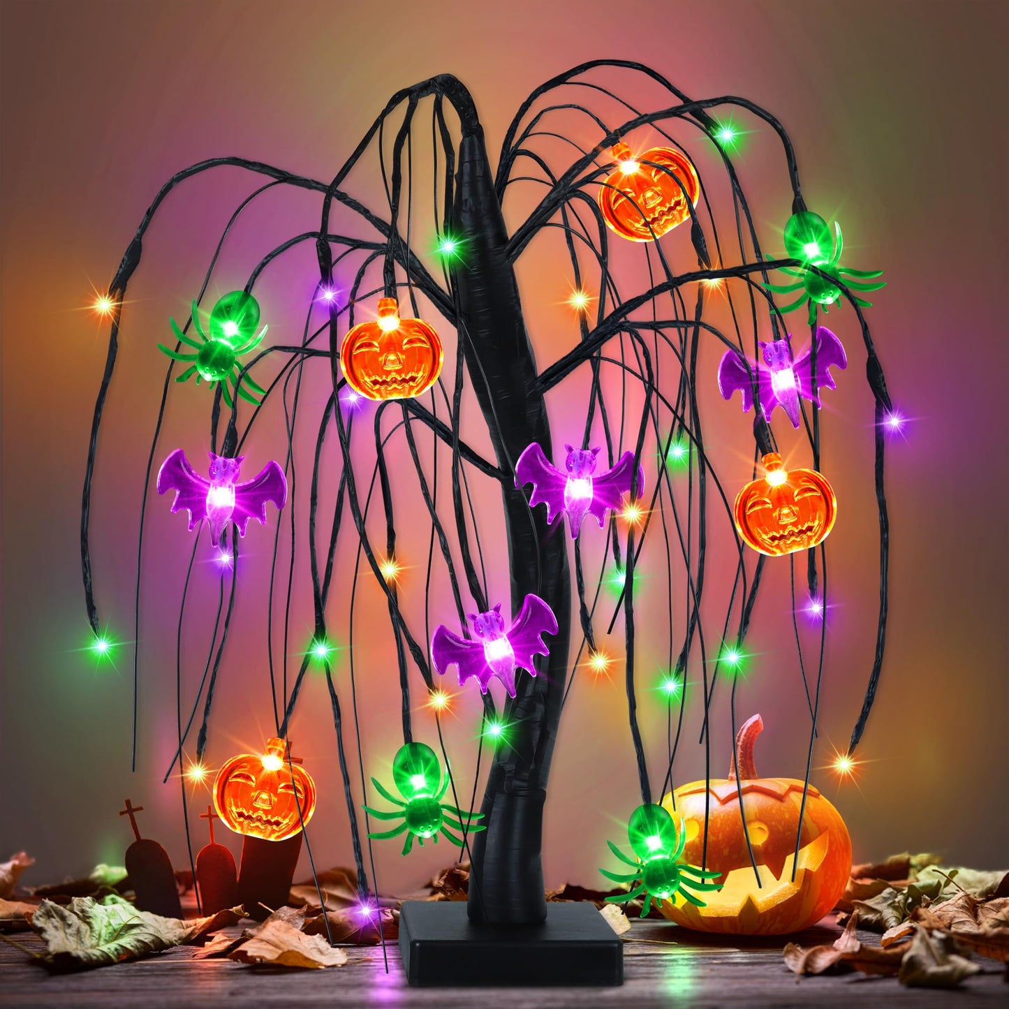 Halloween Table Decor 18 Inch 36 LED Halloween Willow Tree with Pumpkin Bat Spider Lights, Timer/USB/Battery Operated Black Halloween Tree Spooky Halloween Decorations Indoor for Home Party Room Gifts