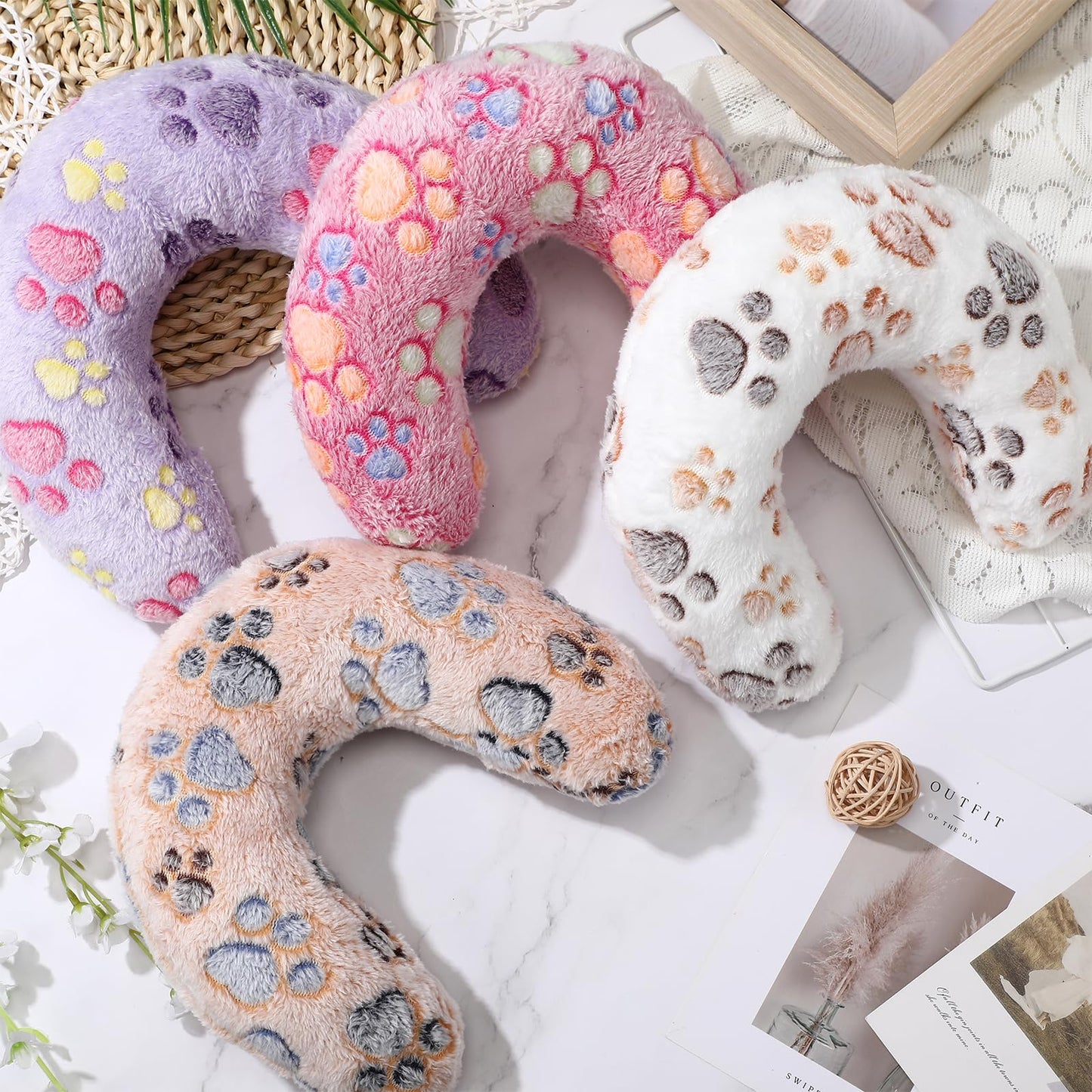 Sweetude 4 Pcs Pillows for Cats Puppy Bed Fluffy Pet Calming Soft Gifts Half Donut U Shaped Pet Neck Pillow Training Joint Relief Cervical Protection(Paw,Medium)