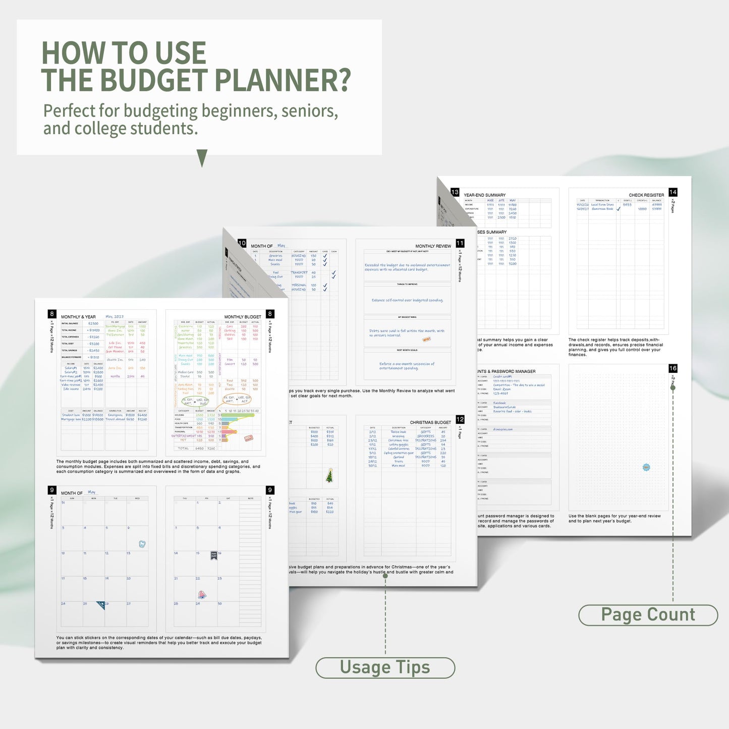 Budget Planner - Monthly Budget Book for Daily Expense Tracking, Business, Debt, Savings, B5 (7.3" x 10.15") Undated Financial Planner with Colorful Tabs Manages Your Money Effectively, Light Green