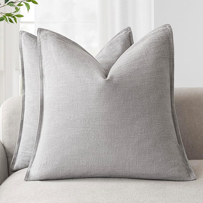 Foindtower Pack of 2, Decorative Linen Soild Throw Pillow Covers Soft Accent Cushion Case Boho Farmhouse Pillowcase for Chair Couch Sofa Bedroom Living Room Home Decor 18 x 18 Inch Light Rustic Gray