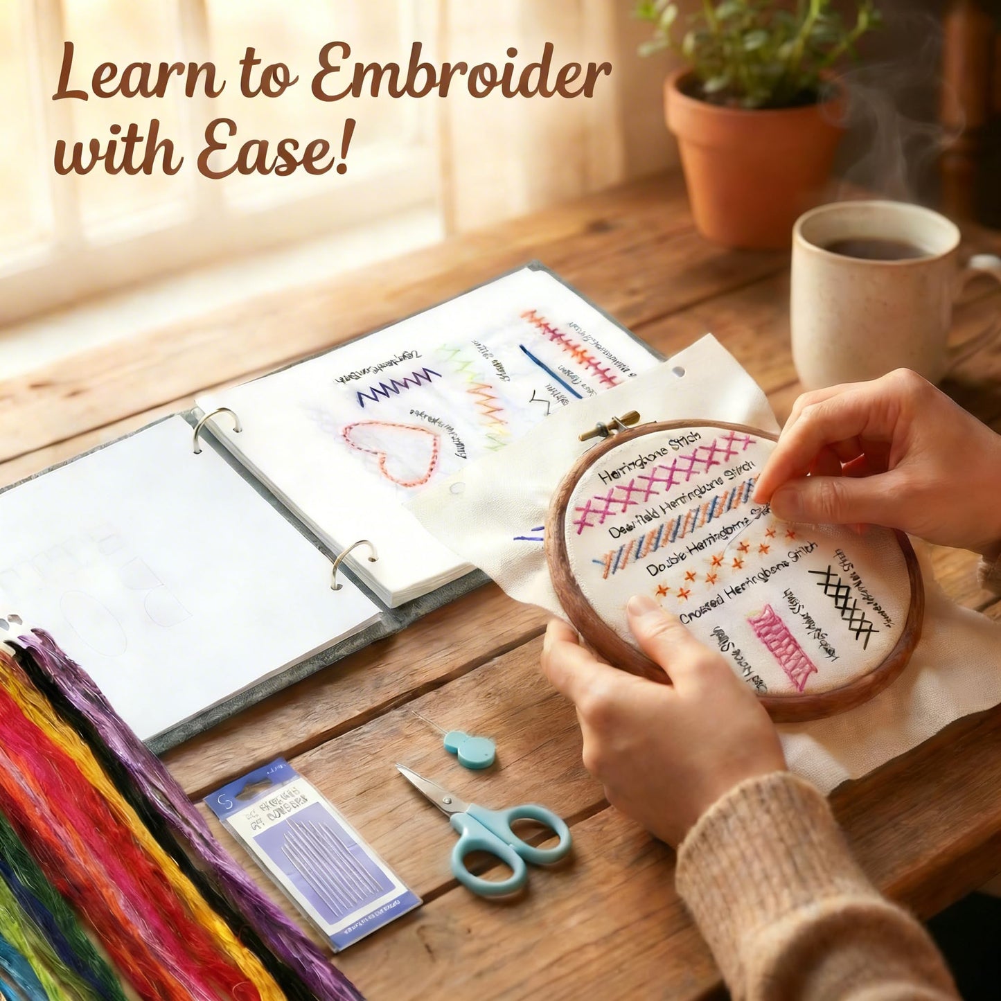 Embroidery Kit with Ring Binder Removable Pages Stitch Book, Patterns, Hoop, Floss, Needlepoint Craft Kit - Cross Stitch for Beginners and Adults