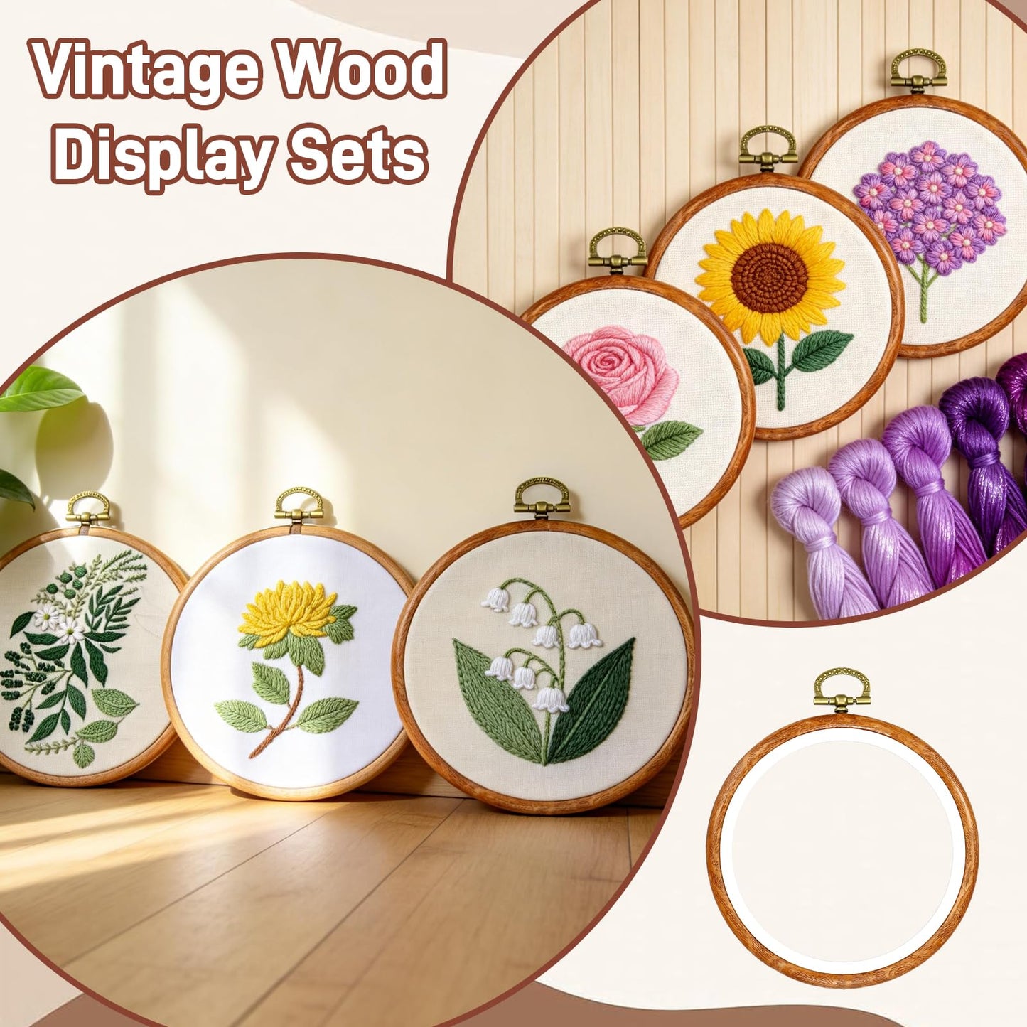 YICO 15 Pieces 3.6 Inch Round Embroidery Hoop Set Imitated Wood Grain Rubber Cross Stitch Frame for DIY Crafts Display Decorative Hanging Circle for Needlework and Ornaments