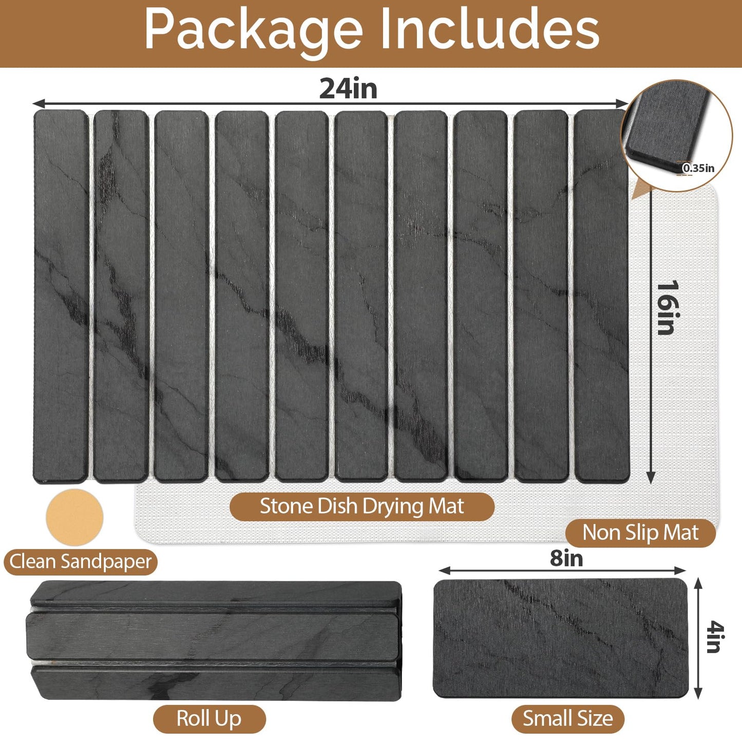 Large Stone Dish Drying Mat for Kitchen Counter, Quick Dry Stone Dishes Mats,Foldable Water Absorbing Diatomaceous Earth Drying Organizer Pad for Plate Rack Bottles Utensils(Dark Gray 24"×16" & 8"x4")