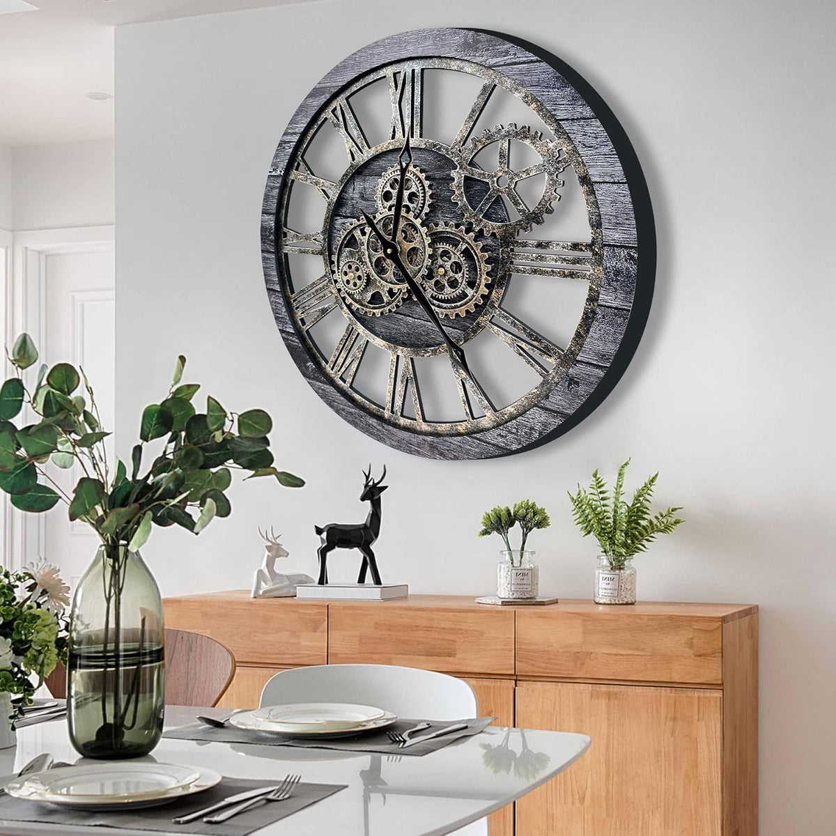 The B-Style Large Wall Clock 24 inch Moving Gear Wall Clock Oversized Vintage Farmhouse Wall Clocks for Living Room Decor Decorative Rustic Industrial Wood Clock (Carbon Gray)