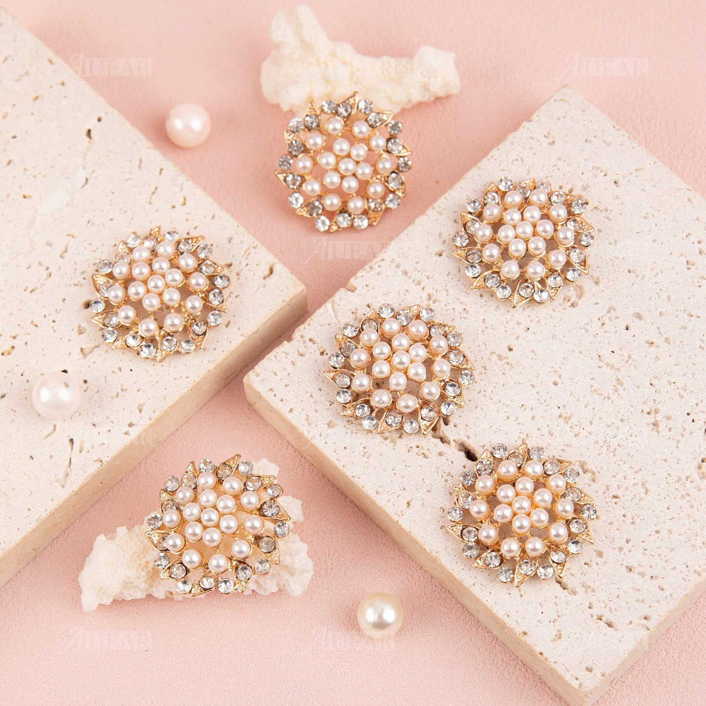 AUEAR, 15 Pack Gold Rhinestone Pearl Flower Buttons Flatback Crystal Embellishments for Jewelry Making Clothing DIY Craft