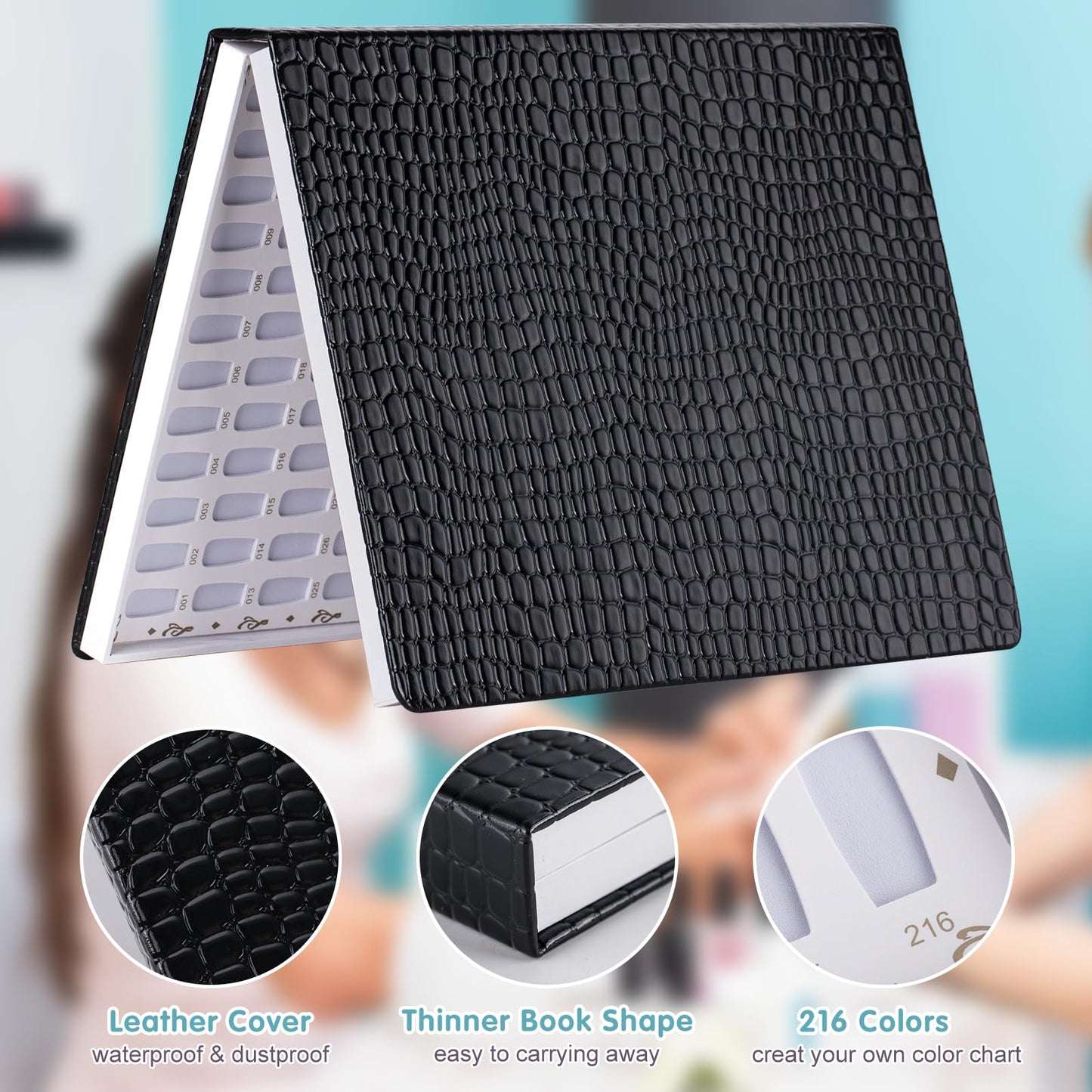 Acycoin2A Professional 216 Nail Colors Chart Dip Powder Card with 240 Tips and Nail Polish Number Sticker Label (Black)