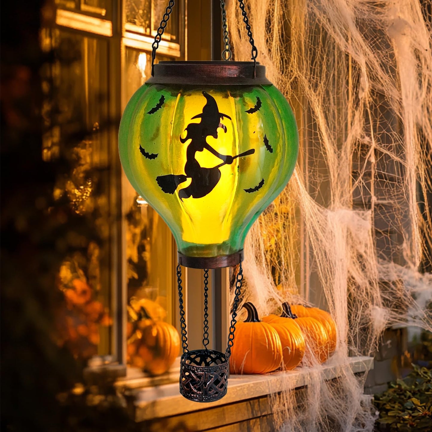 Halloween Decoration Outdoor Hot Air Balloon Solar Lantern with Flickering Flame, Hanging Outdoor Lanterns with Flying Witch Design Waterproof Decor for Garden, Patio, Halloween Party(Witch)