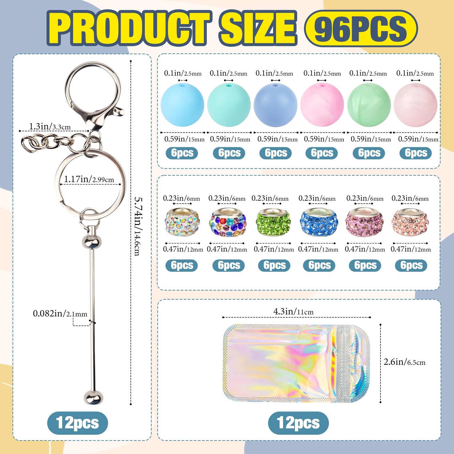 Qoroos 96pcs Beadable Keychains Set Bulk for Keychain Making Kit with Beadable Keychain Bar Silicone Beads Spacer Beads DIY Gifts for Women Men Crafts