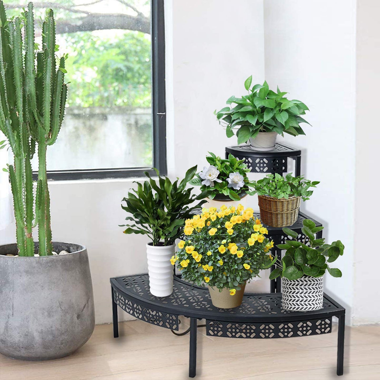 aboxoo 3 Tier Plant Stand Flower Pot Rack, Metal Stair-Step Style Corner Shelf Planters, Quarter Round Display Holder for Indoor Outdoor Use(Black, Semicircle)