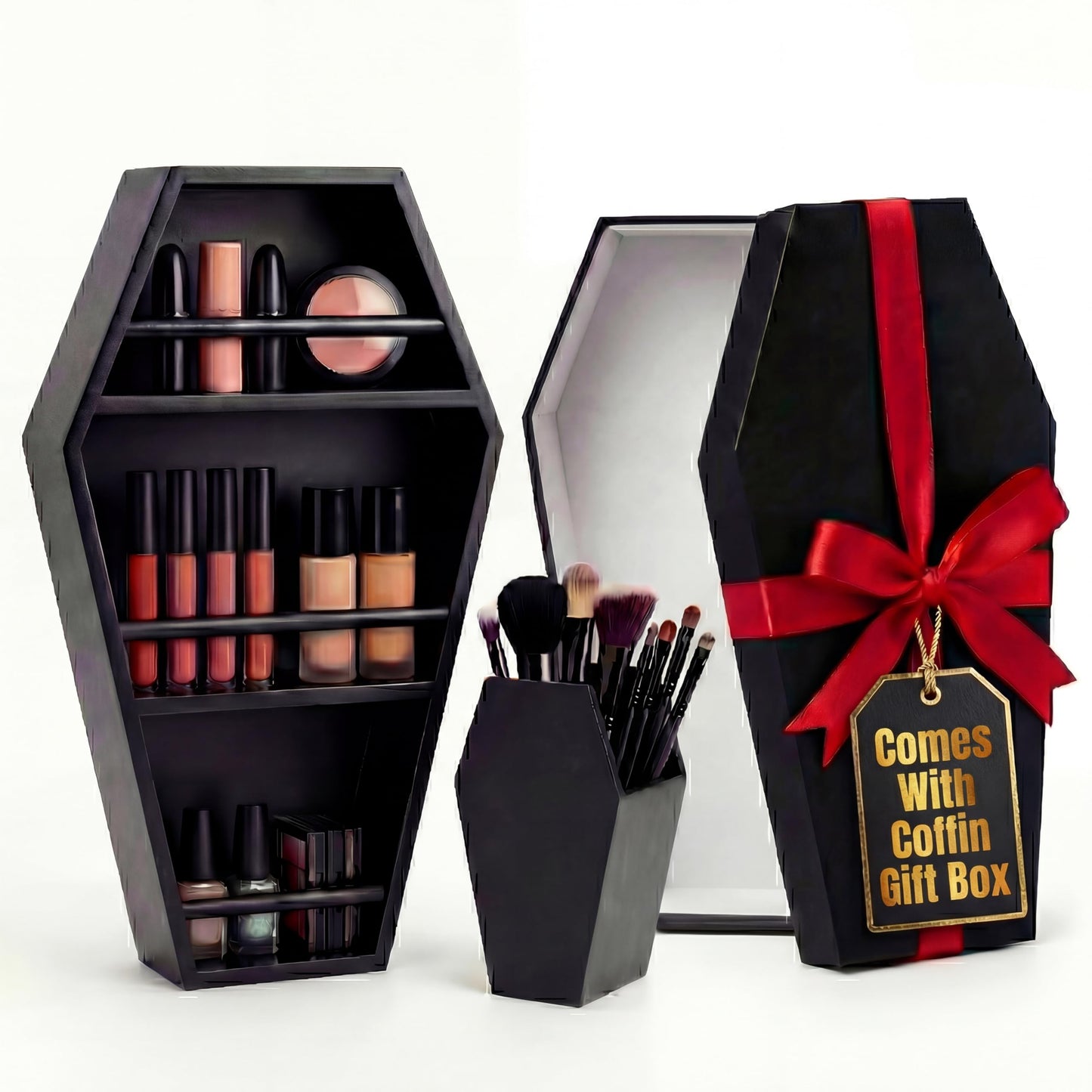 MANNY'S MYSTERIOUS ODDITIES Coffin Shelf Gothic Makeup Organizer Set with Brush Holder & Gift Box, Gothic Decor Accent for Glam Vanity or Spooky Gifts Display - 15 Inches by 8 Inches