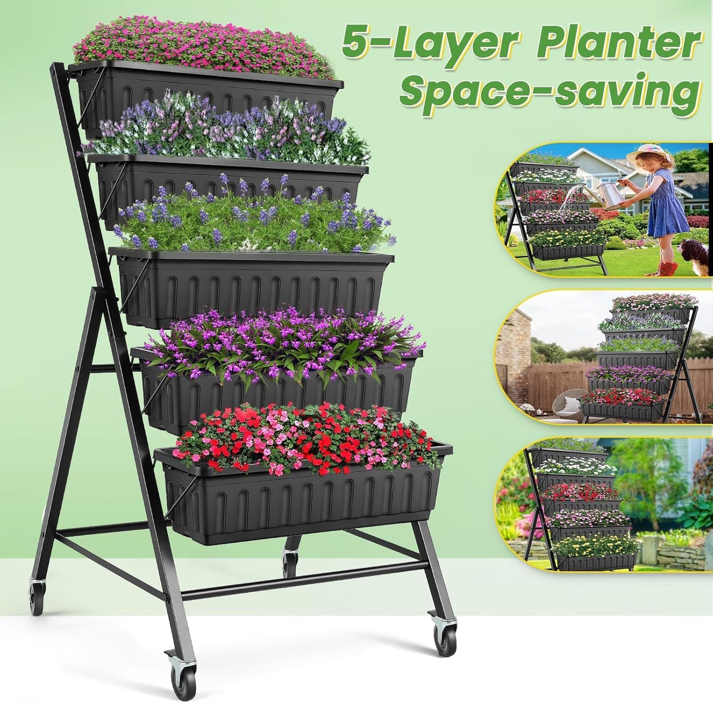 TEANDE 2 Pack Vertical Raised Garden Bed with Wheels, 5-Tier Elevated Planter Box w/Drainage System & 4 Hooks for Herbs Vegetables Flowers, Vertical Garden Planter for Patio Yard Indoor Outdoor