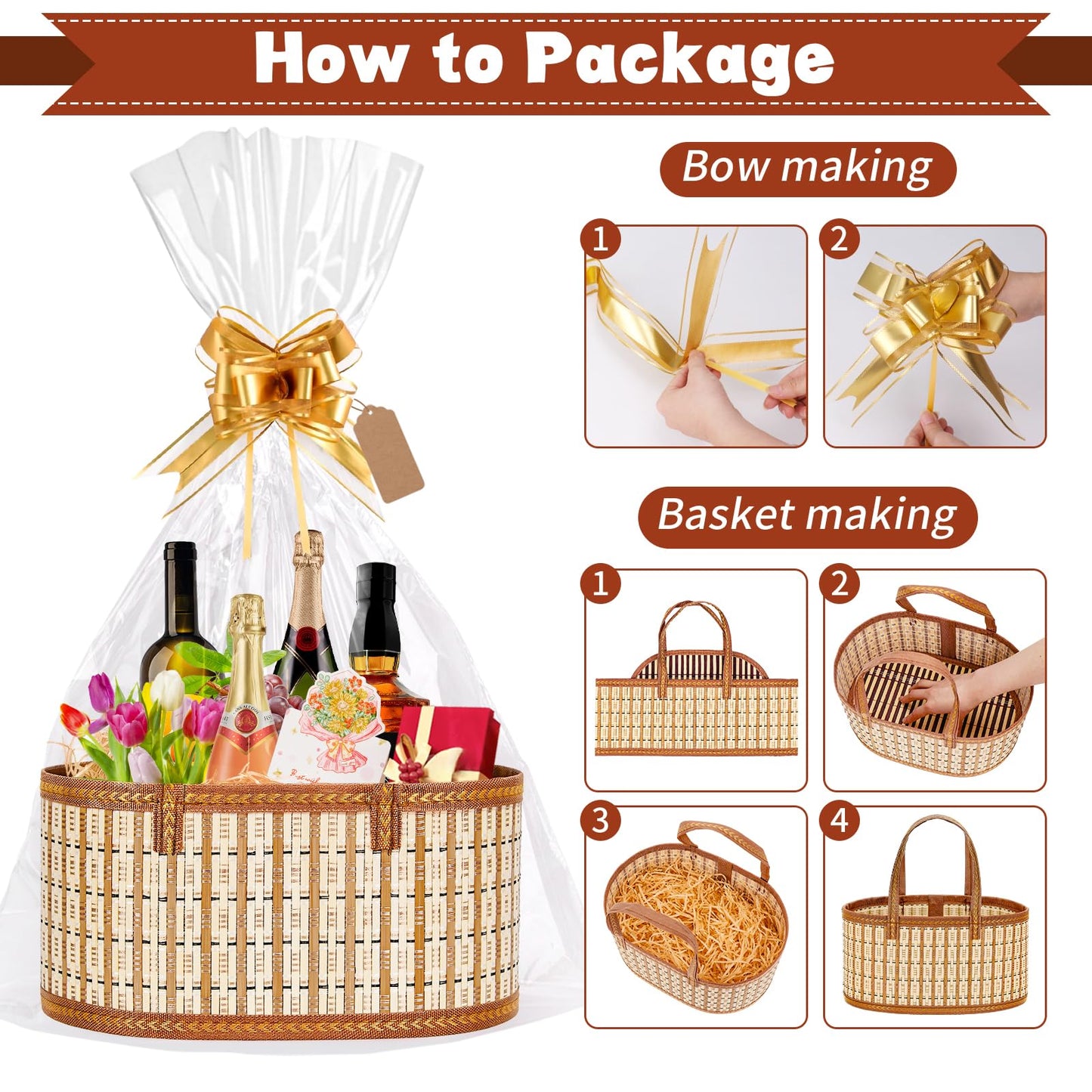 Dreamtop 3 Set Baskets for Gifts Empty, Woven Bamboo Gift Basket Empty Large with Handles, Sturdy Gift Basket Kit Empty to Fill for Christmas Birthday Baby Shower Wedding Gift