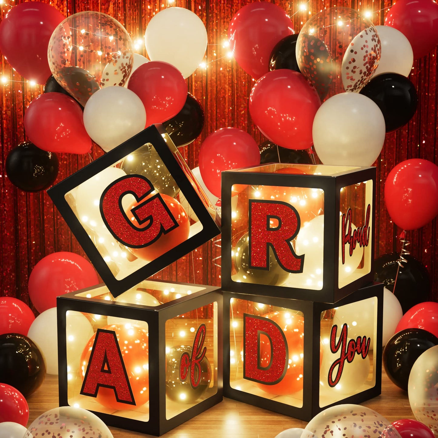 Ecomore Graduation Party Decorations Class of 2026 - 86 PCS Grad Party Supplies Includes LED Light Strings Balloon Block Boxes with Letters Foil Curtains Backdrop 2026 Balloon Garland Kit - Black Red