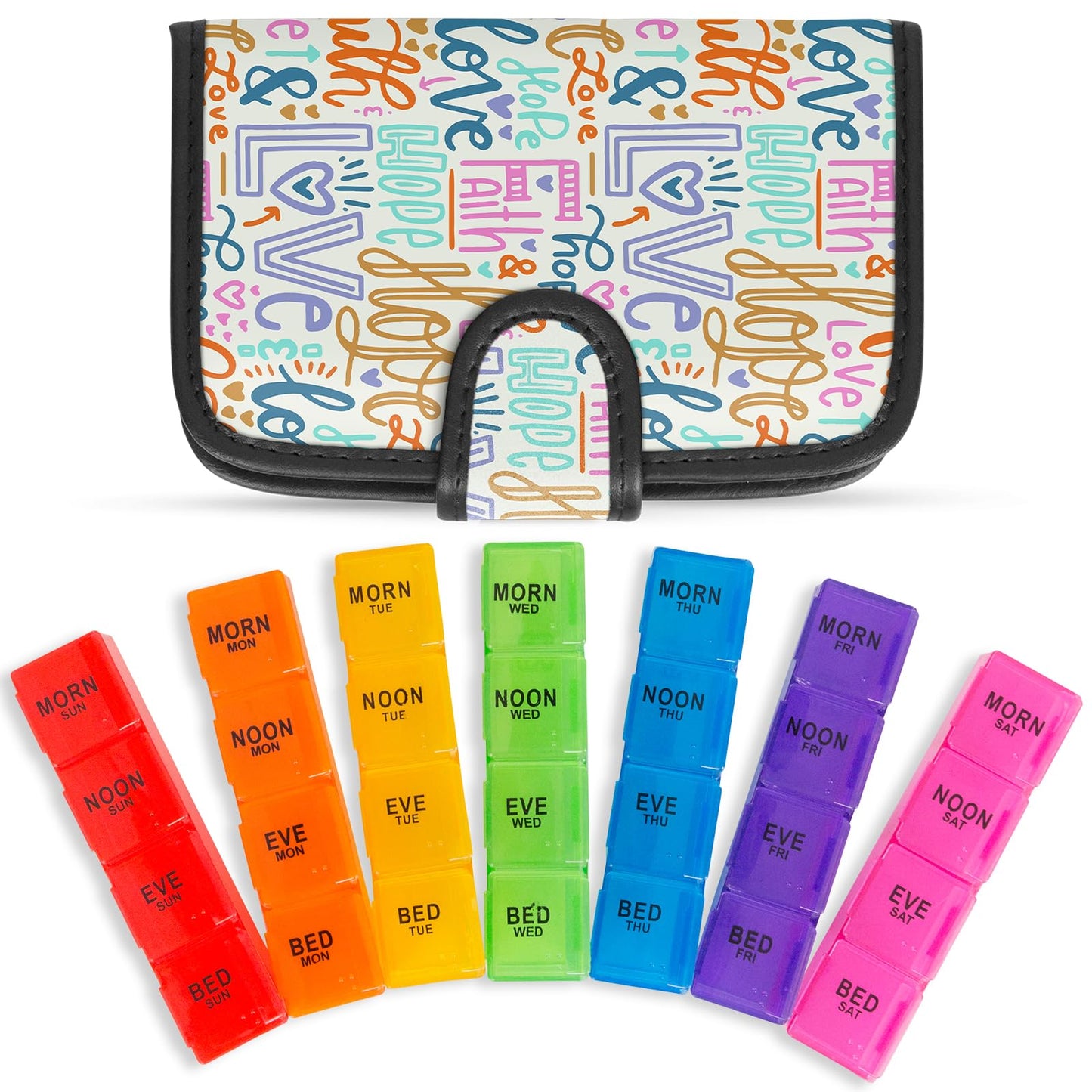 Vive Weekly Pill Organizer 4 Times a Day - 7 Days Pill Boxes for Morning, Noon, Evening, Night - Extra Large Medicine, Vitamin & Supplement Dispenser with Premium Leather Case