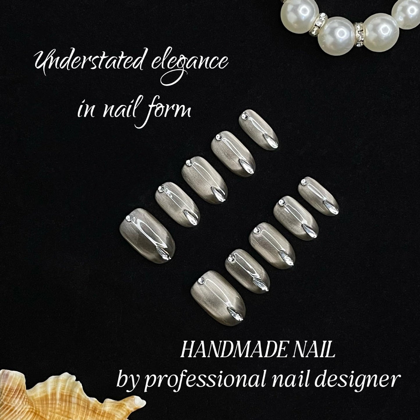 Fake Nails Short Chrome, Press on Nails, Matte Silver Gray Metallic with Transparent Drop & Round Gems, Elegant Oval Shape for Women & Girls (S)