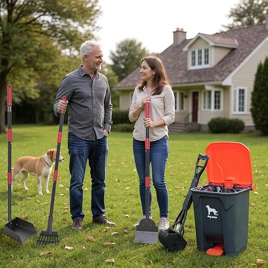 HWPZE Dog Pooper Scooper, 7Pcs Set Poop Trash Can with Removable Inner Bucket, Long Handle Tray & Rake, 60 Waste Bags, Dog Waste Large Bin Waterproof for Outdoor, Backyard, Garden