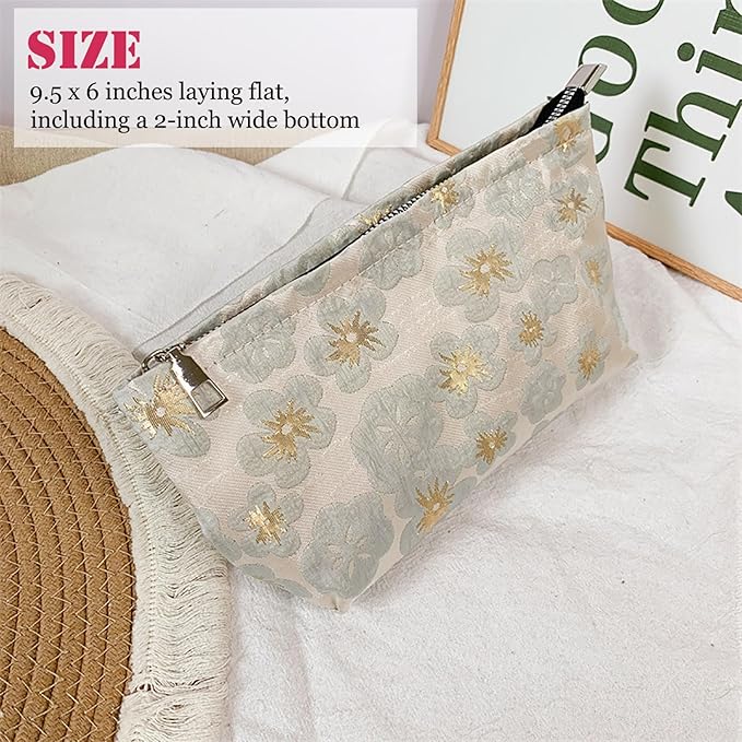 HAPPYHEIDI Small Cute Vintage Floral Makeup Bag Purse Pouch, Accessory Organizer, Metal Zipper, Aesthetic Textured Fabric, Golden Beige Medium
